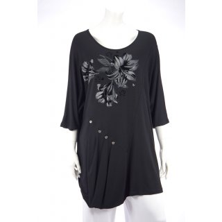 AKH Damen Tunika Longshirt mit Blumen-Muster aus Viskose Schwarz 44 46