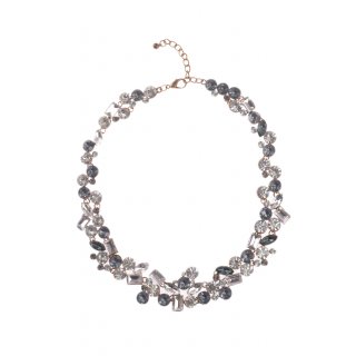 Damen Halskette Collier mit Strass-Steinen Grau Weiß