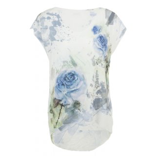 Damen Sommershirt Baumwolle mit kurzem Arm Weiß Blau Blumen