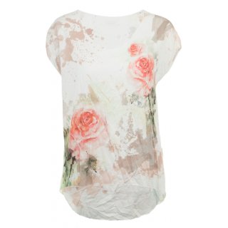Damen Sommershirt Baumwolle mit kurzem Arm Weiß Rosa Blumen
