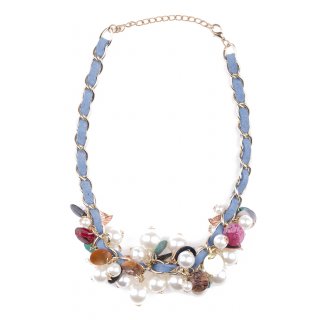 Cara Mia Halskette Perlen-Halsband für Damen mit Deko-Blüten Blau