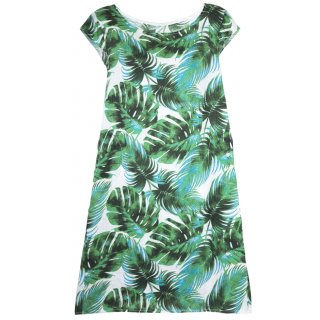 Cara Mia Leinenkleid für Damen Sommer mit Blumen-Druck Knielang Weiß Grün L