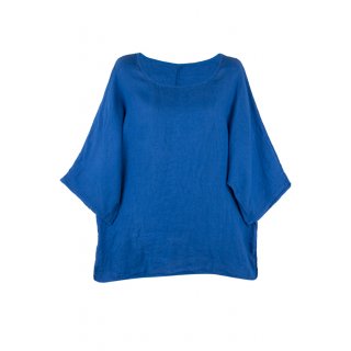 Shirt Oberteil Halbarm Edel Damen Leinen Royal-Blau Made in Italy 38 40 42