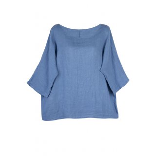 Shirt Oberteil Halbarm Edel Damen Leinen Jeansblau Made in Italy 38 40 42
