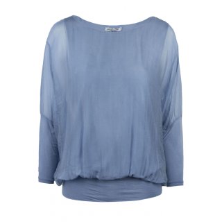 Seiden-Bluse für Damen mit Fledermausärmel und Gummi-Bund Jeans-Blau 38 40 42